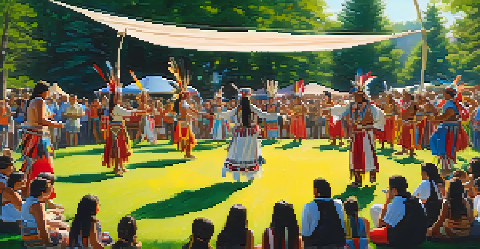 Native American dancers in colorful regalia performing at a powwow with spectators in a natural setting.