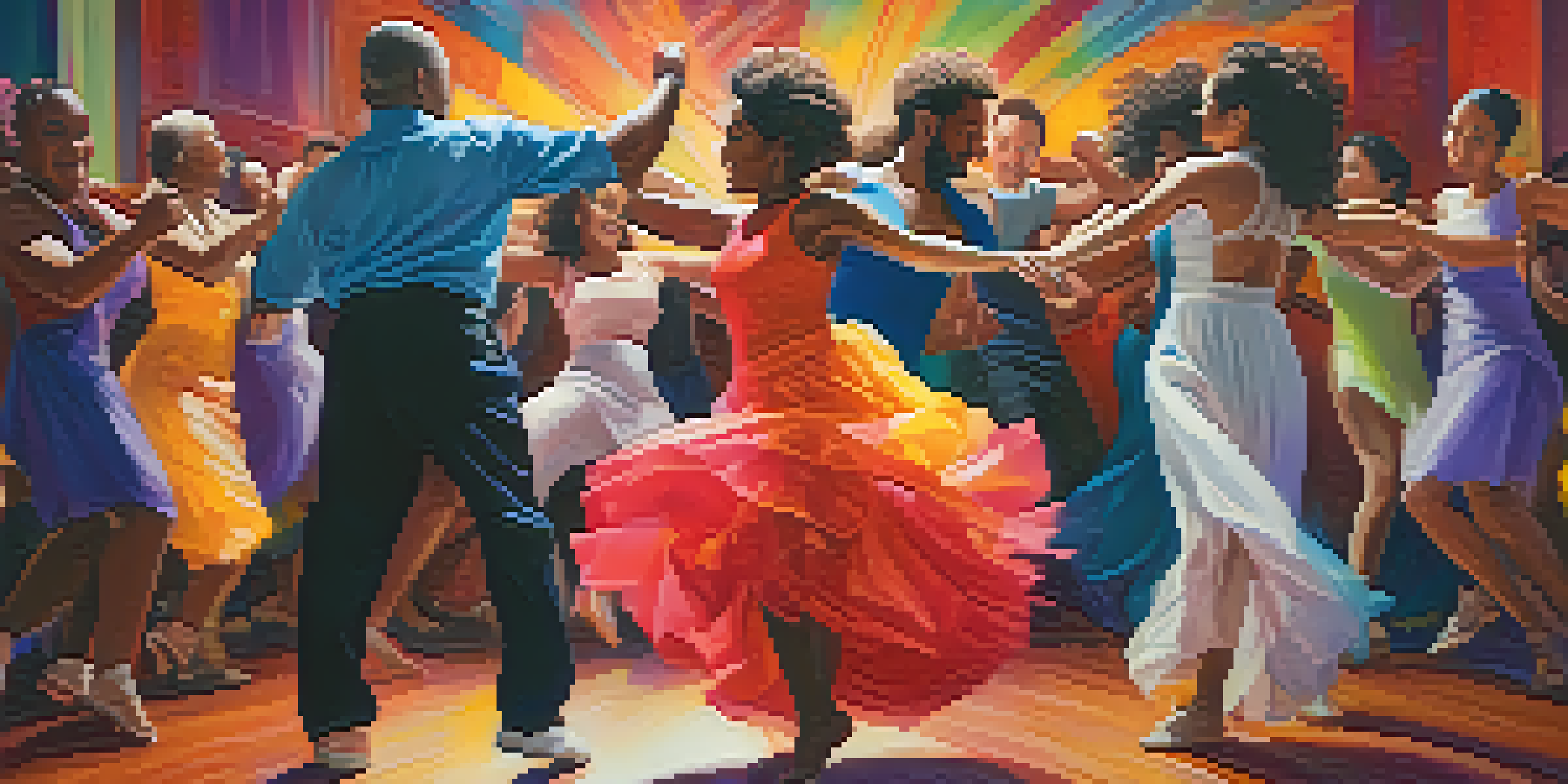 A group of diverse dancers of different body types and ages joyfully dancing together on a colorful dance floor, with an audience in the background applauding.