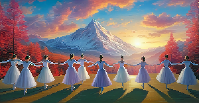 A virtual ballet performance on a mountain peak at sunset, with dancers in colorful costumes and an audience wearing VR headsets.