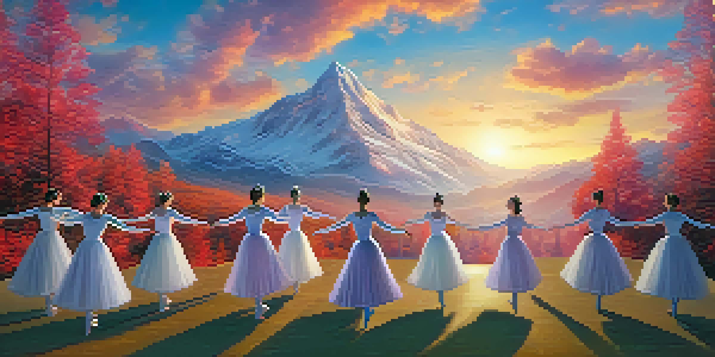 A virtual ballet performance on a mountain peak at sunset, with dancers in colorful costumes and an audience wearing VR headsets.