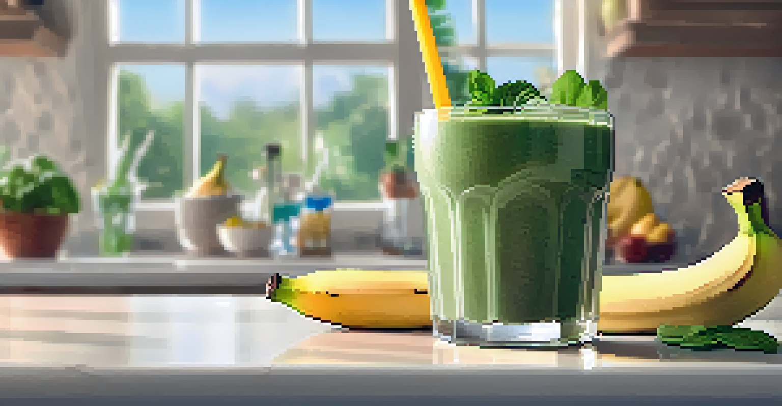 A vibrant smoothie made with spinach, banana, and Greek yogurt in a clear glass, surrounded by fresh fruits and greens on a kitchen counter.