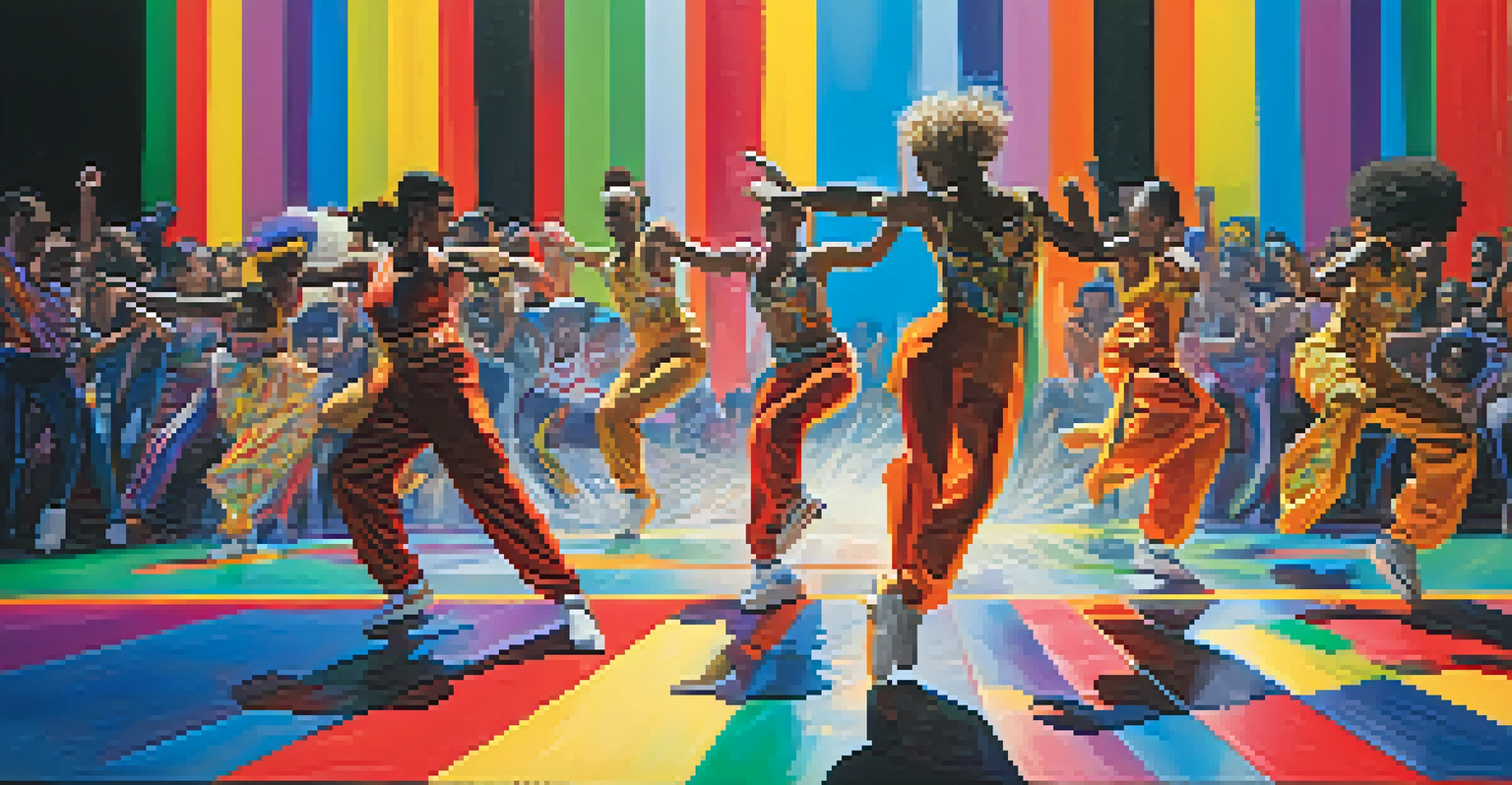 A lively dance competition with dancers in colorful costumes performing various styles on a brightly lit stage.