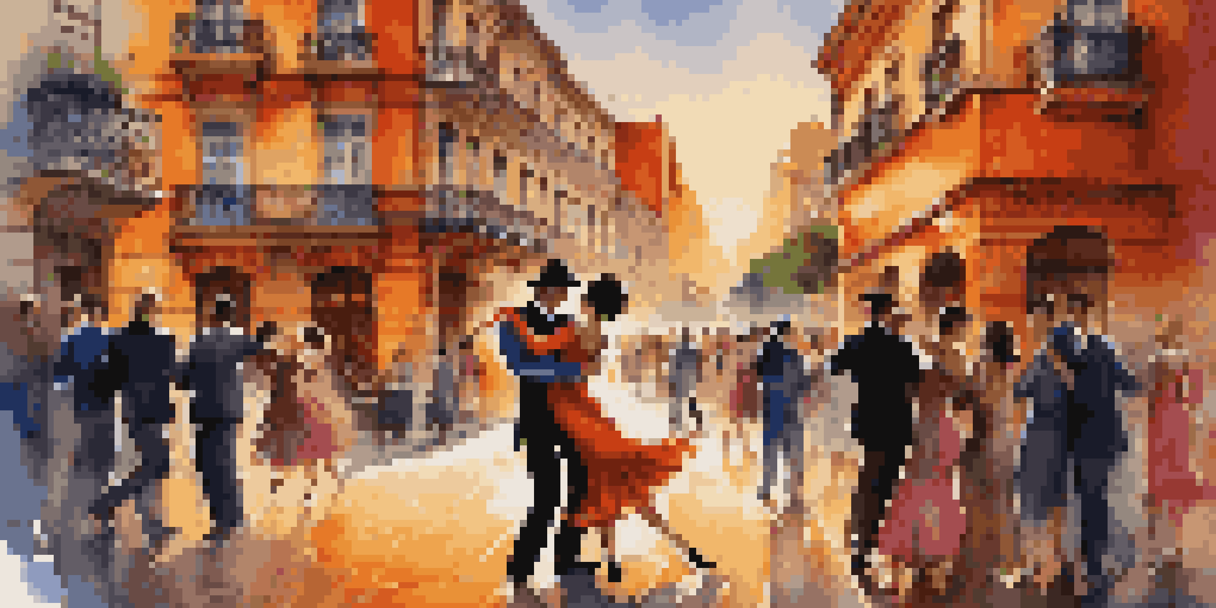 A couple dancing tango on a cobblestone street in Buenos Aires, with colorful murals and vintage buildings in the background, illuminated by a warm sunset glow.