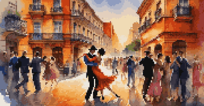 A couple dancing tango on a cobblestone street in Buenos Aires, with colorful murals and vintage buildings in the background, illuminated by a warm sunset glow.