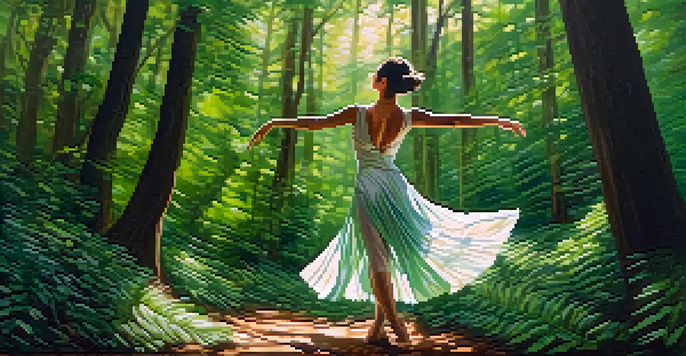 A dancer in a forest, surrounded by trees and sunlight filtering through the leaves, wearing a costume made of natural materials.