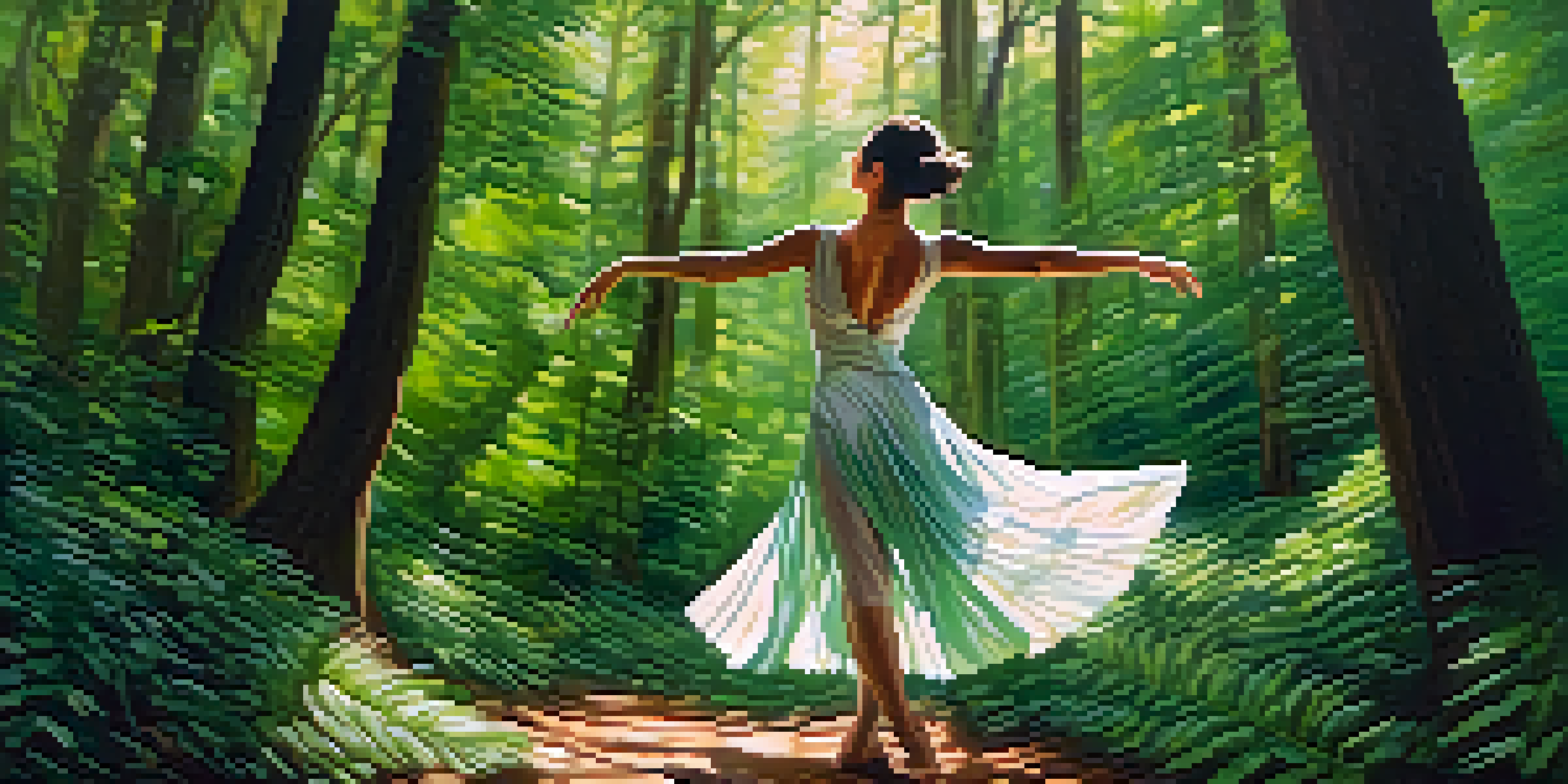 A dancer in a forest, surrounded by trees and sunlight filtering through the leaves, wearing a costume made of natural materials.