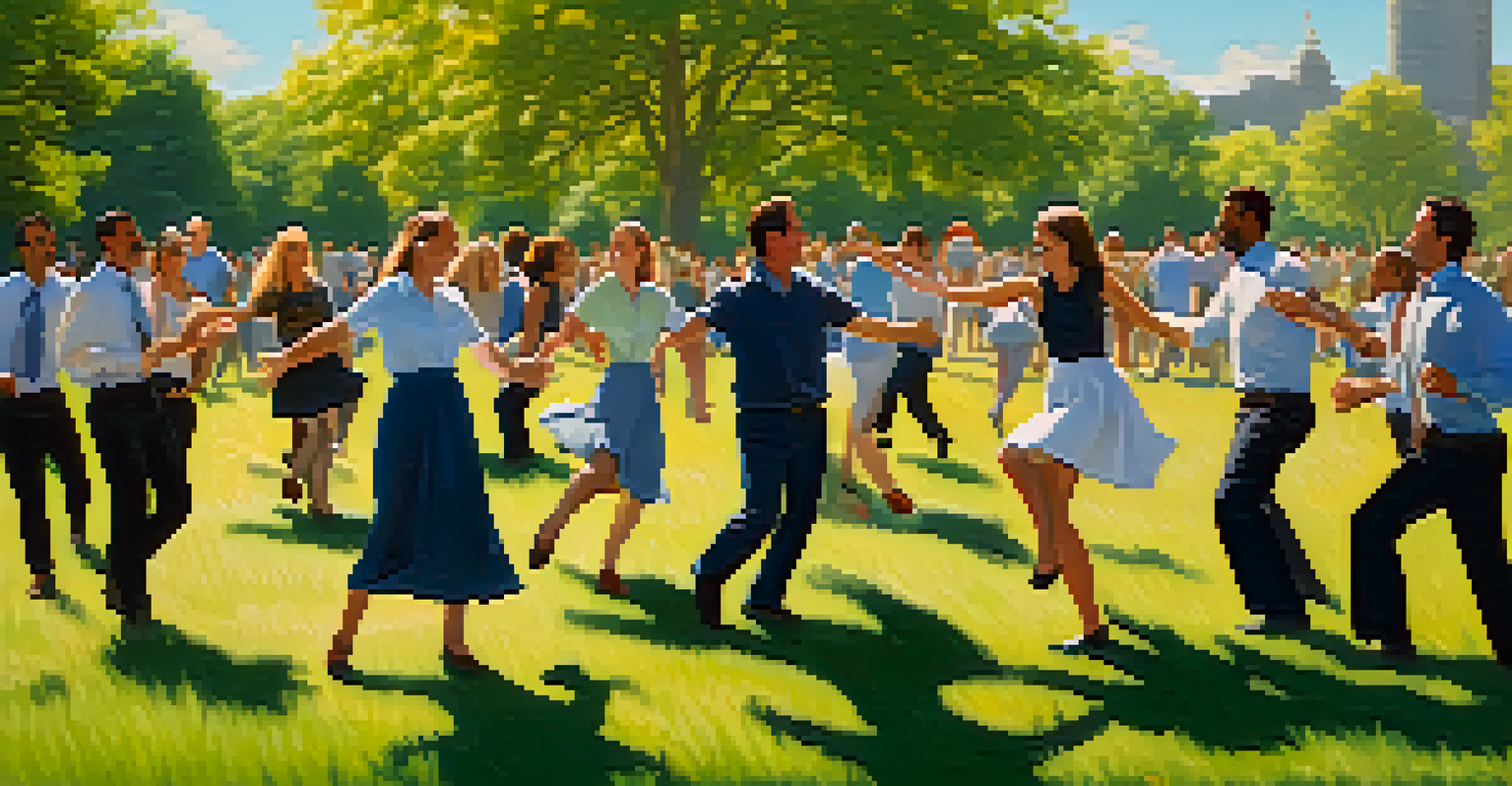 Coworkers enjoying a dance break in a sunny park, laughing and dancing on a grassy field surrounded by trees.