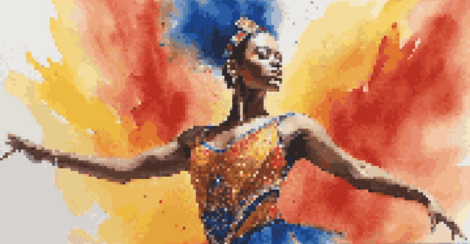 A dancer wearing a colorful DIY costume with sequins, captured in motion on stage with a blurred audience in the background.