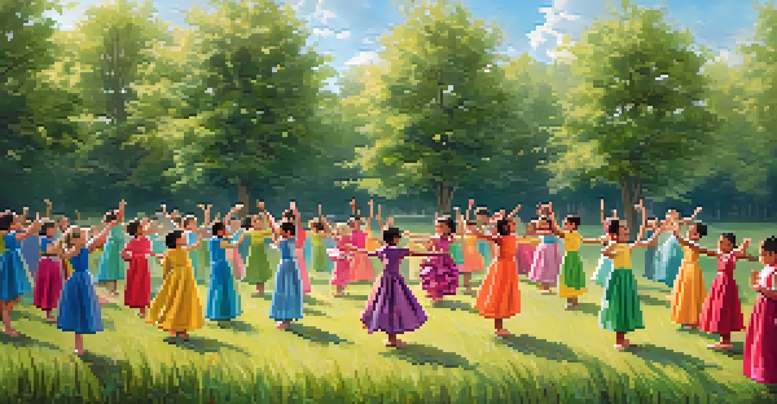 Children in colorful costumes dancing in an open field, symbolizing nature conservation, with a teacher encouraging them in a backdrop of flowers and trees.