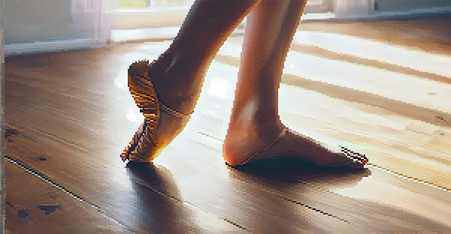 A close-up view of a dancer's feet in motion on a wooden floor, emphasizing the beauty of movement in dance therapy.