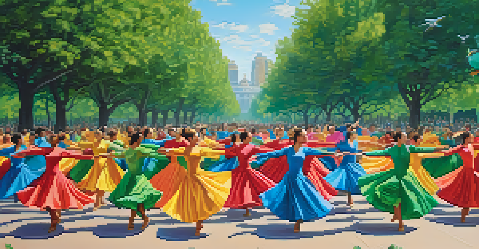 Diverse dancers in colorful costumes performing in a city park for environmental awareness.