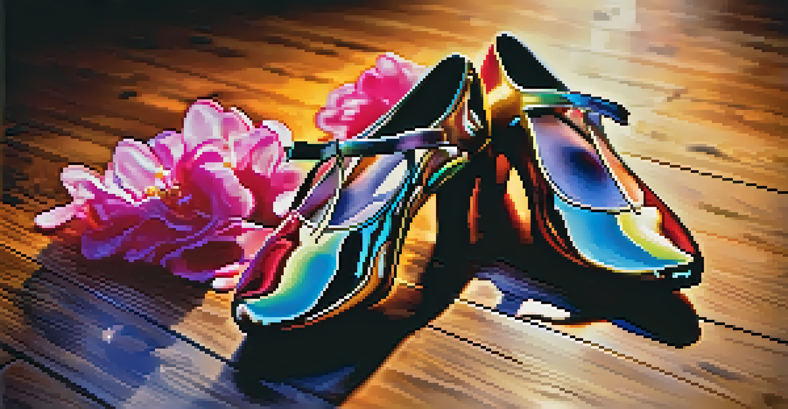 A close-up of colorful dancing shoes on a wooden floor, surrounded by flower petals.