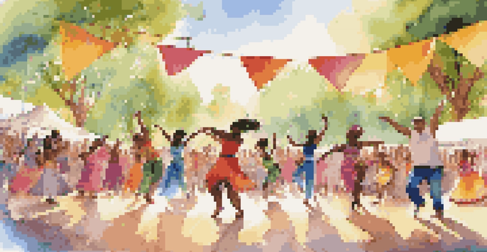A lively dance festival with diverse dancers performing on stage, surrounded by an enthusiastic audience and colorful decorations.