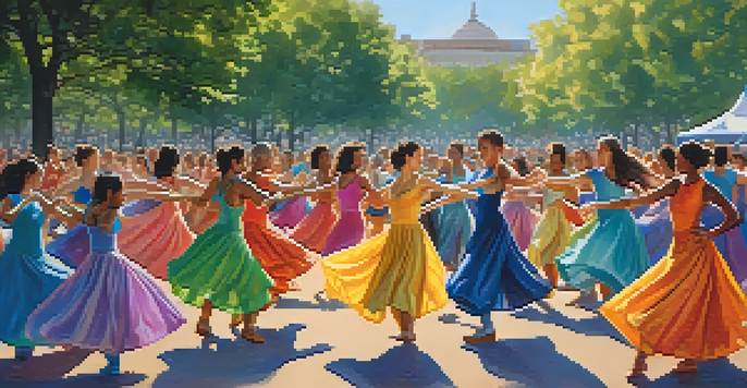 A diverse group of dancers performing in a park, with colorful costumes and a crowd of spectators in the background, illuminated by afternoon sunlight.