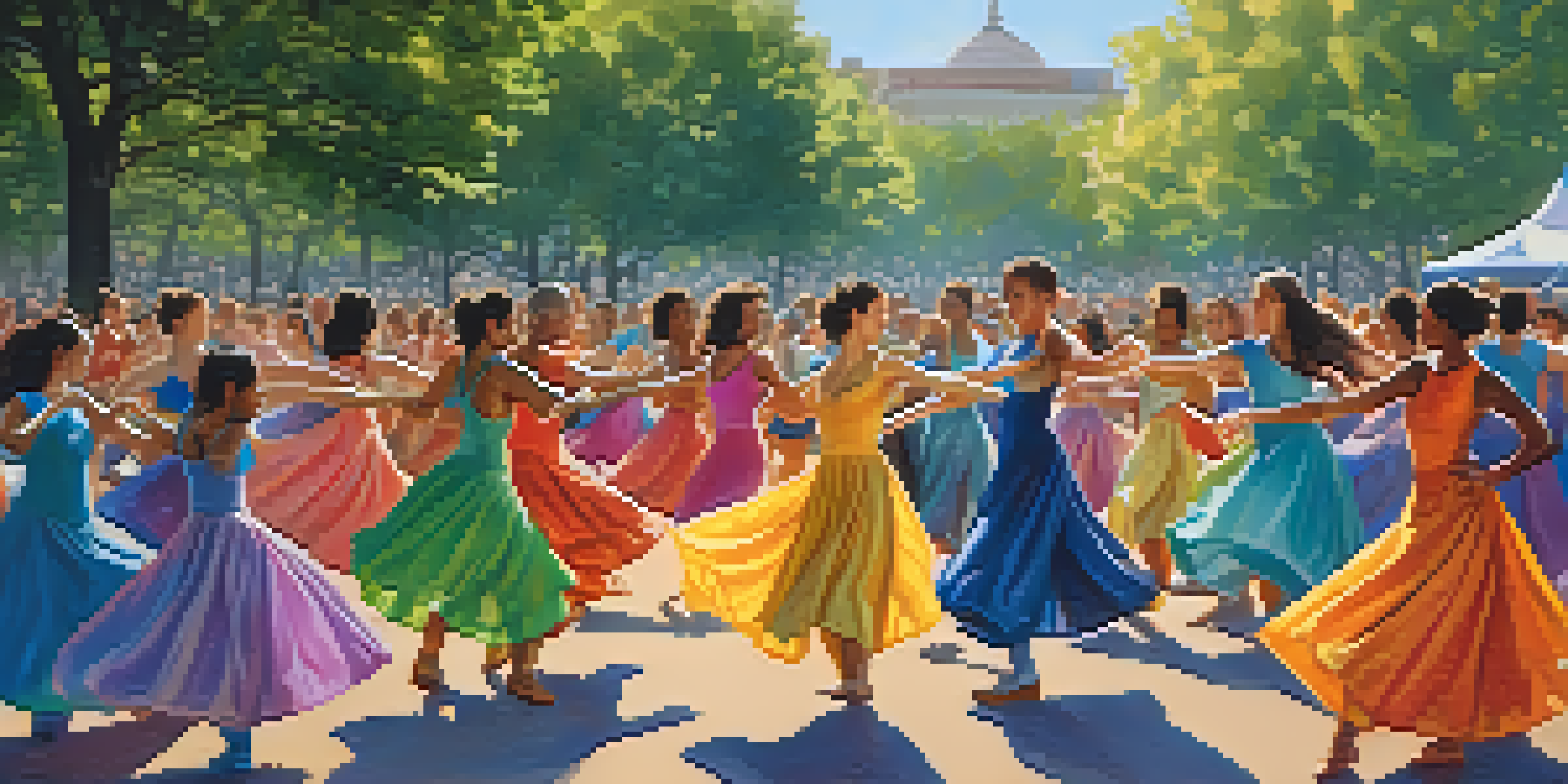 A diverse group of dancers performing in a park, with colorful costumes and a crowd of spectators in the background, illuminated by afternoon sunlight.