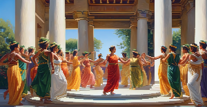 A group of dancers in traditional ancient Greek attire performing a chorus dance in a lush green setting with ornate columns, illuminated by warm sunlight.