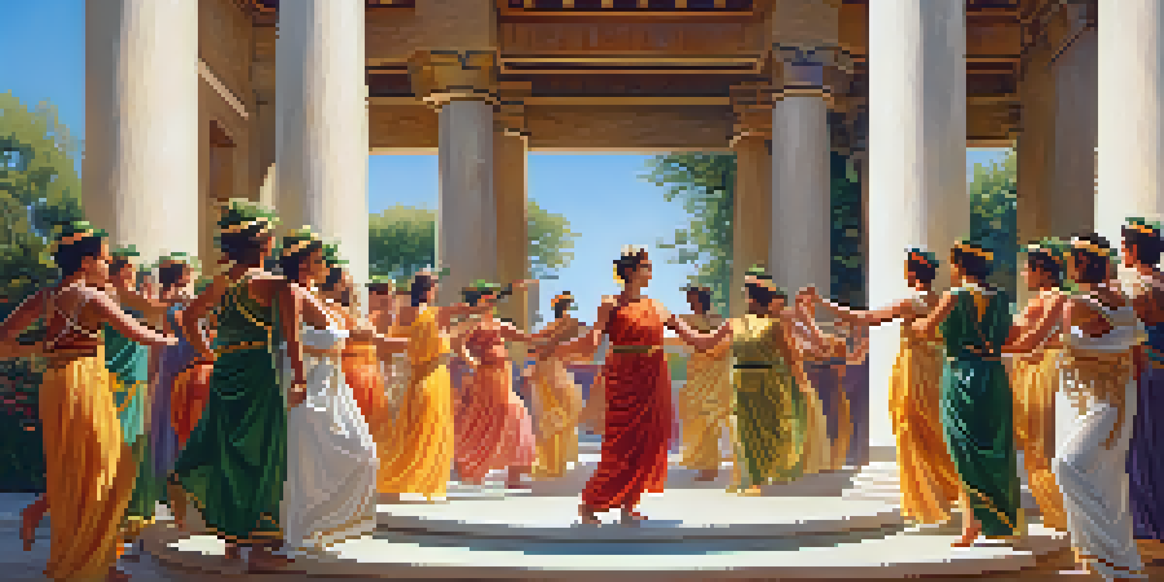 A group of dancers in traditional ancient Greek attire performing a chorus dance in a lush green setting with ornate columns, illuminated by warm sunlight.