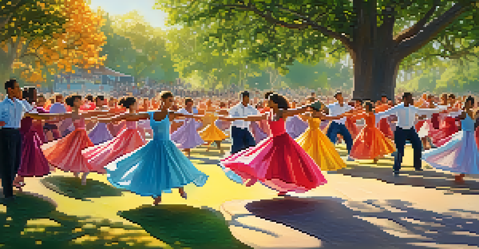 A group of dancers performing in a park with an audience enjoying the outdoor event.