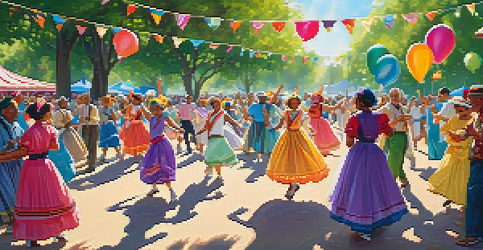 A diverse group of people of all ages joyfully dancing together in a sunny park, wearing colorful traditional costumes.