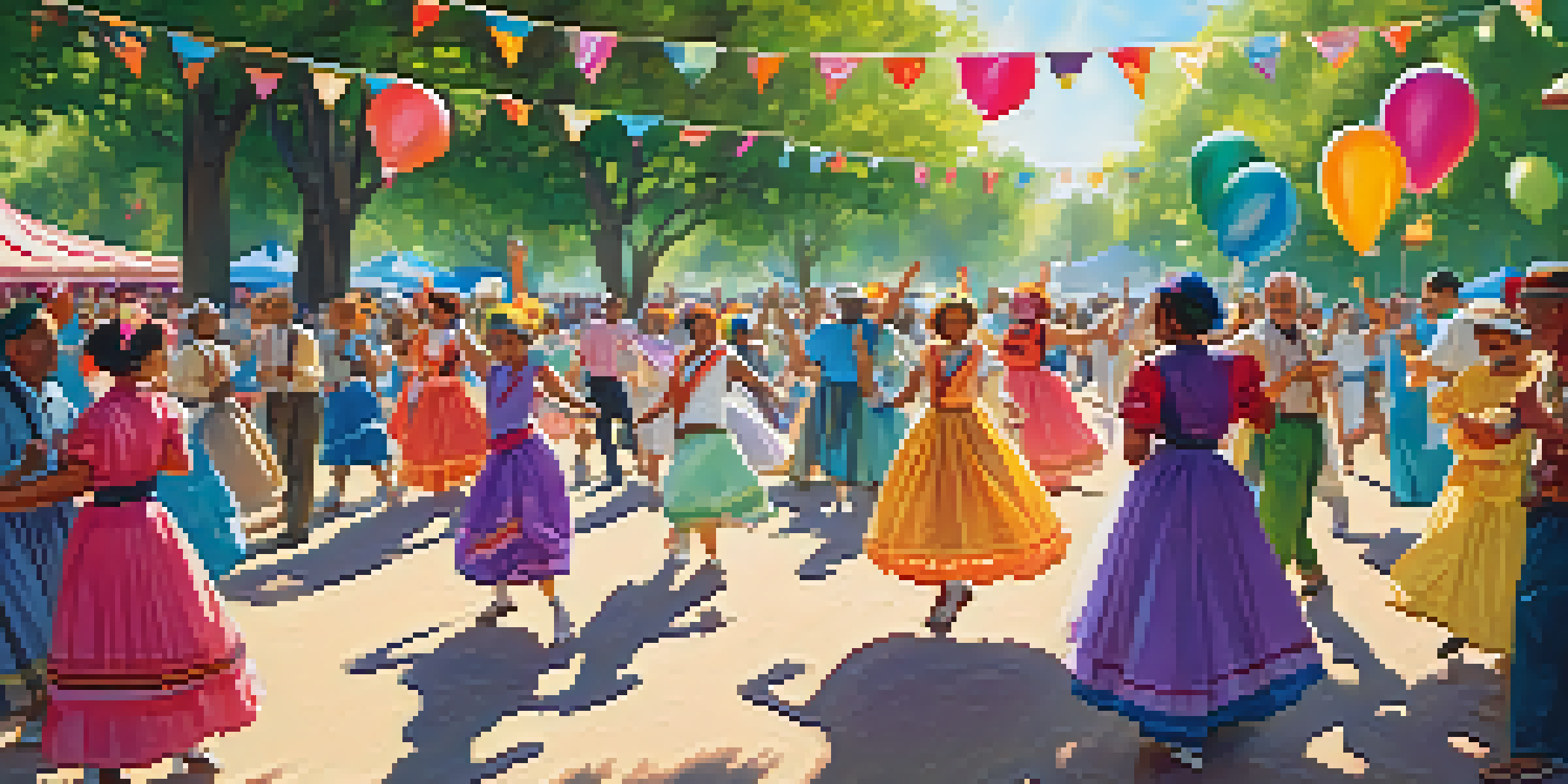 A diverse group of people of all ages joyfully dancing together in a sunny park, wearing colorful traditional costumes.