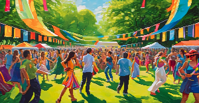 A lively dance festival in a park with people dancing, colorful banners, and eco-friendly art installations.