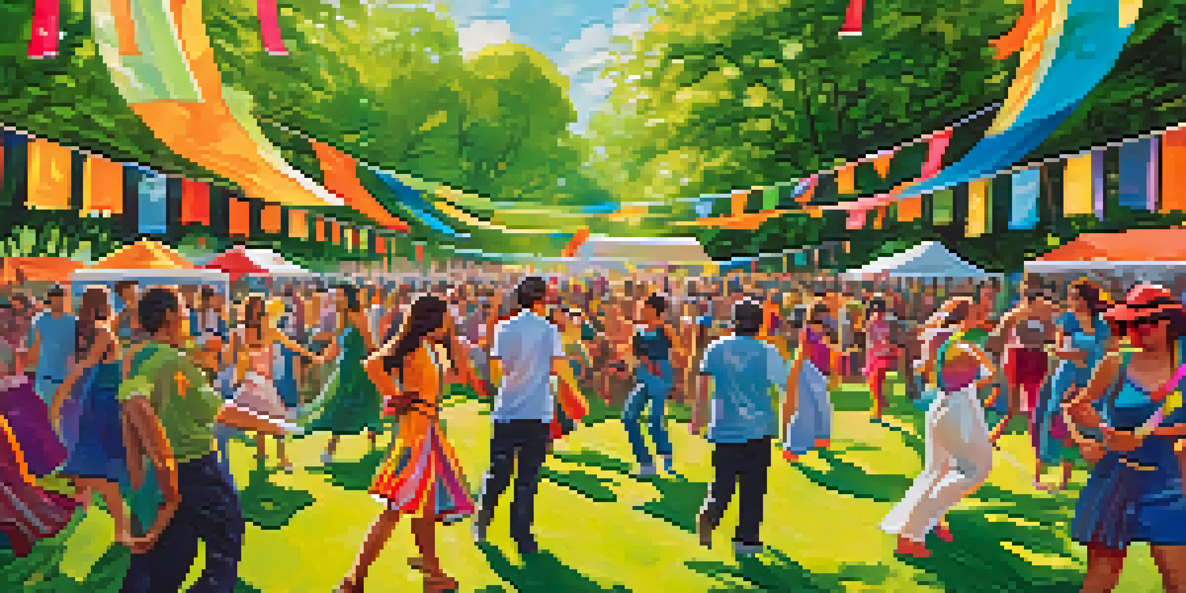 A lively dance festival in a park with people dancing, colorful banners, and eco-friendly art installations.