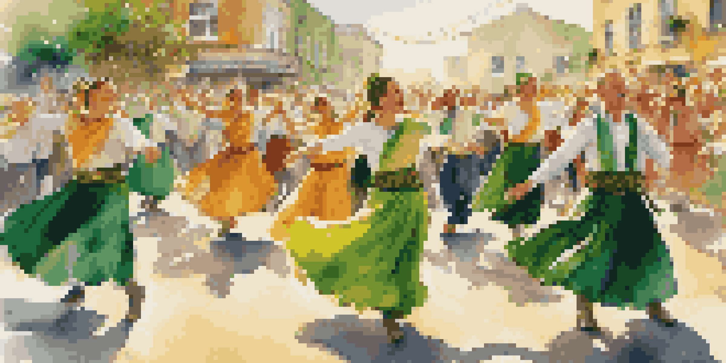 A lively cultural festival scene with dancers in traditional Irish attire performing. The background includes a colorful crowd and vibrant decorations, all bathed in warm sunlight.