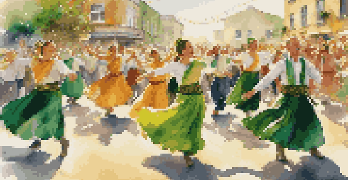 A lively cultural festival scene with dancers in traditional Irish attire performing. The background includes a colorful crowd and vibrant decorations, all bathed in warm sunlight.
