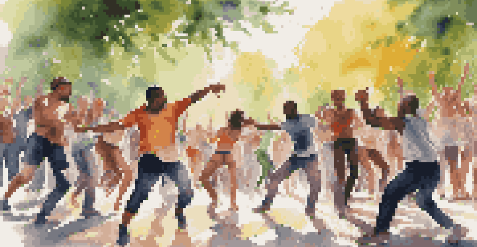 Two dancers facing off in a street dance battle in a park, surrounded by spectators.