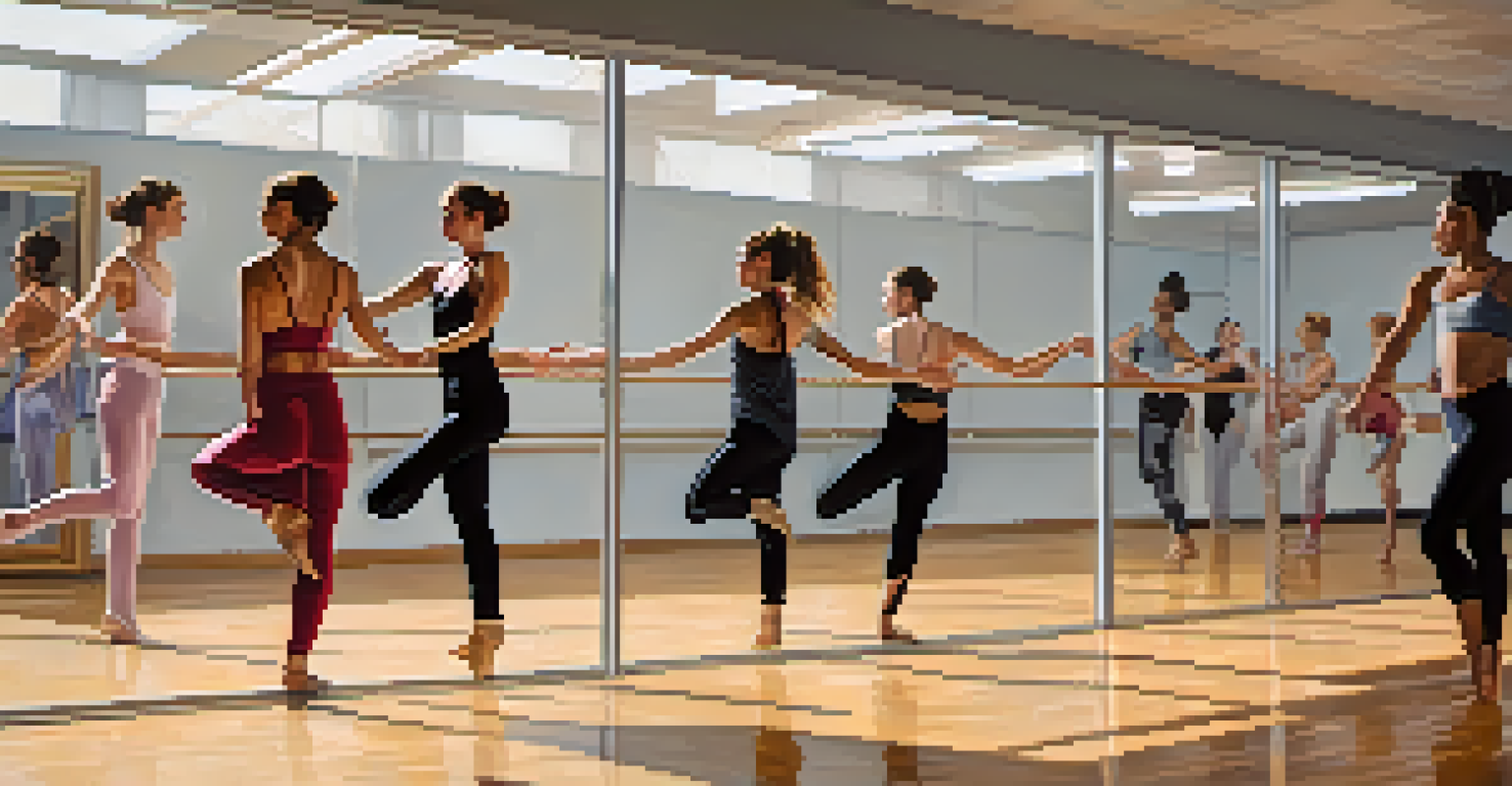 Dancers of various gender identities practicing fluid movements in a contemporary dance studio filled with natural light and vibrant wall art.
