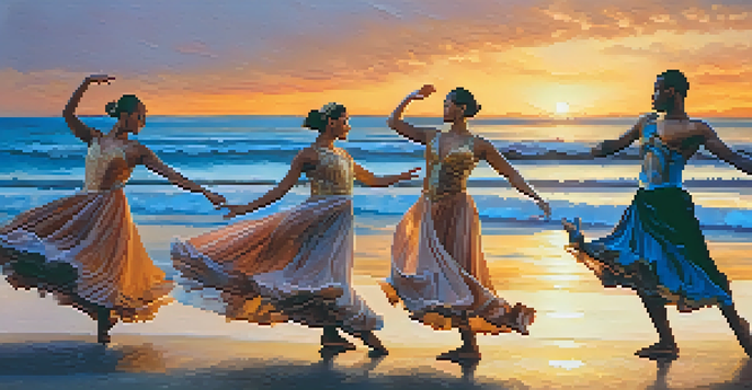 A group of dancers on a beach at sunset, wearing ocean-themed costumes, performing dynamic movements that mimic waves.