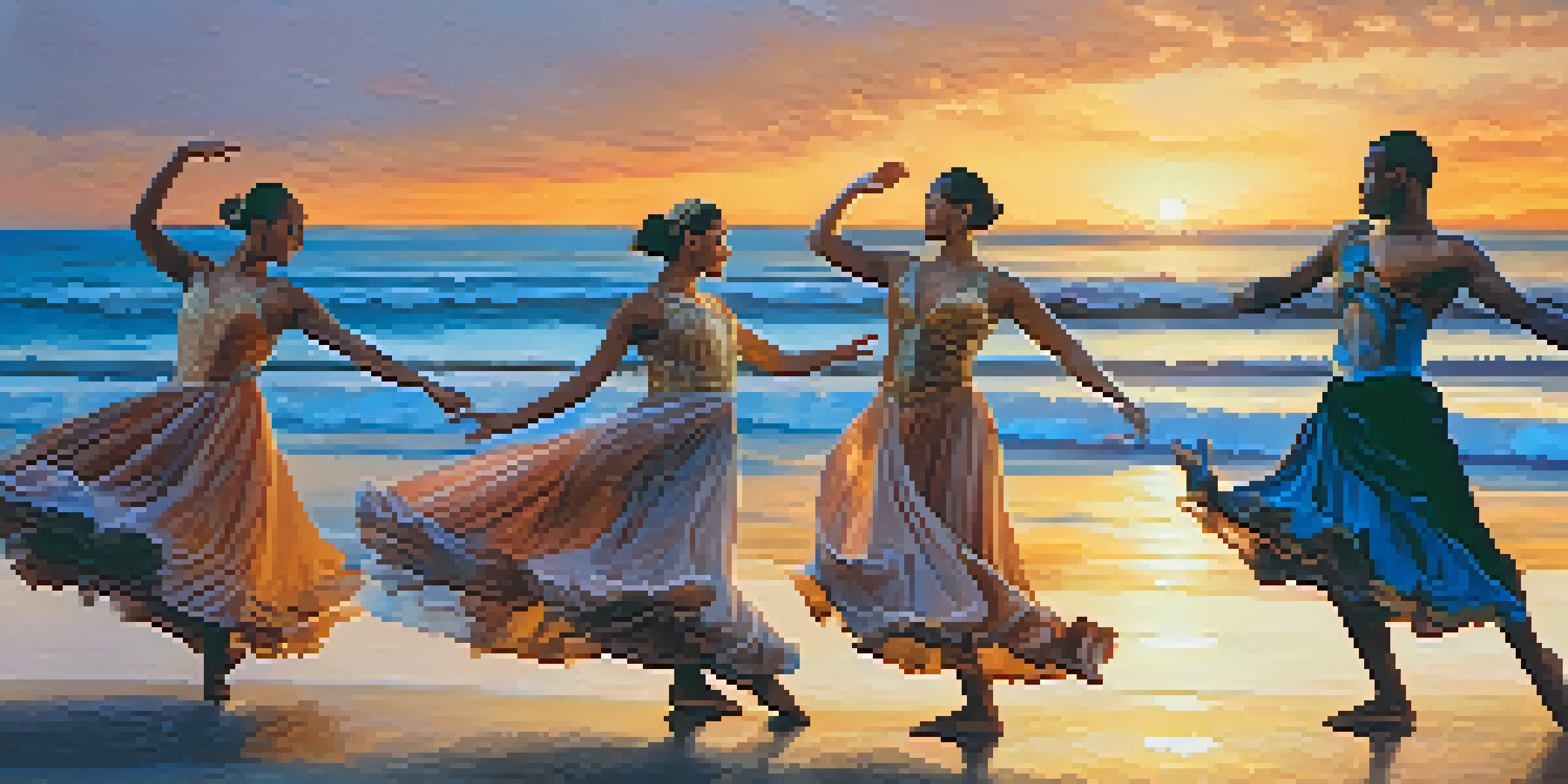 A group of dancers on a beach at sunset, wearing ocean-themed costumes, performing dynamic movements that mimic waves.