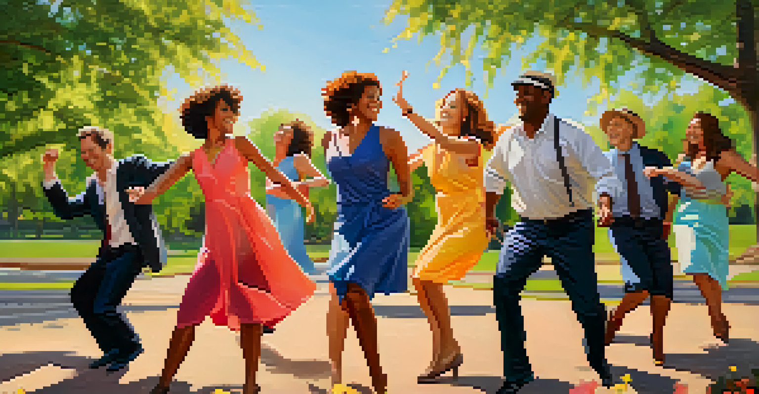 Colleagues enjoying a fun jazz dance session outdoors in a sunny park, surrounded by greenery and flowers, promoting joy and connection.