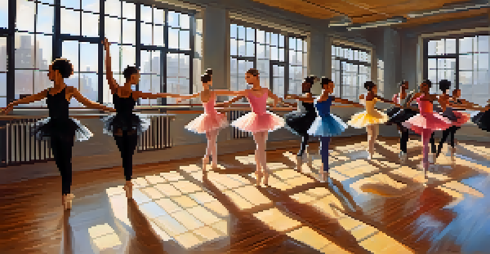 A group of diverse dancers in a bright studio, showcasing various dance styles, with natural light illuminating the space.