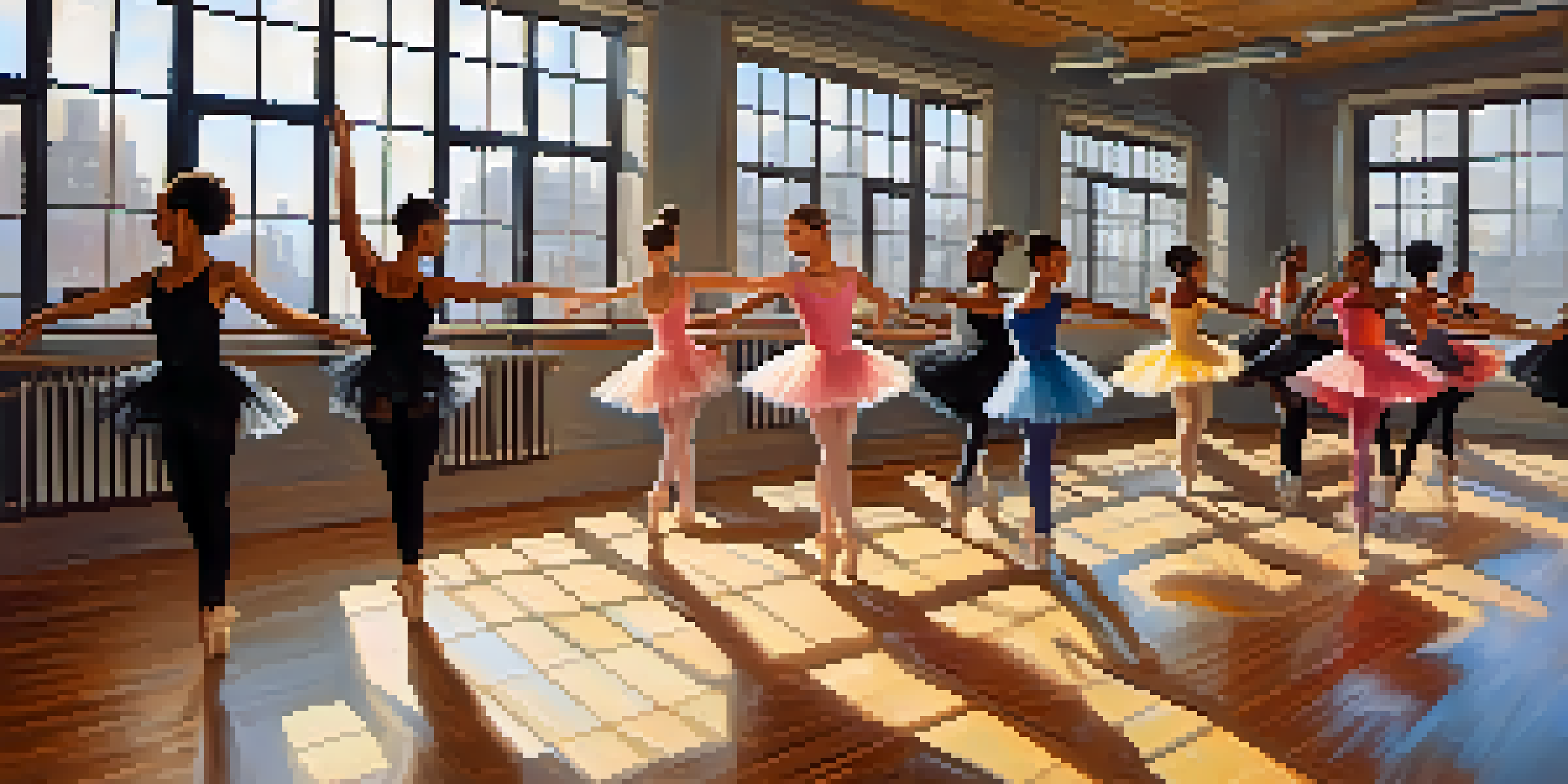 A group of diverse dancers in a bright studio, showcasing various dance styles, with natural light illuminating the space.