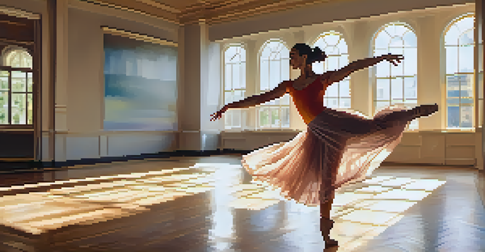 A woman dancing joyfully in a sunlit dance studio, wearing a colorful flowing dress with large windows in the background.
