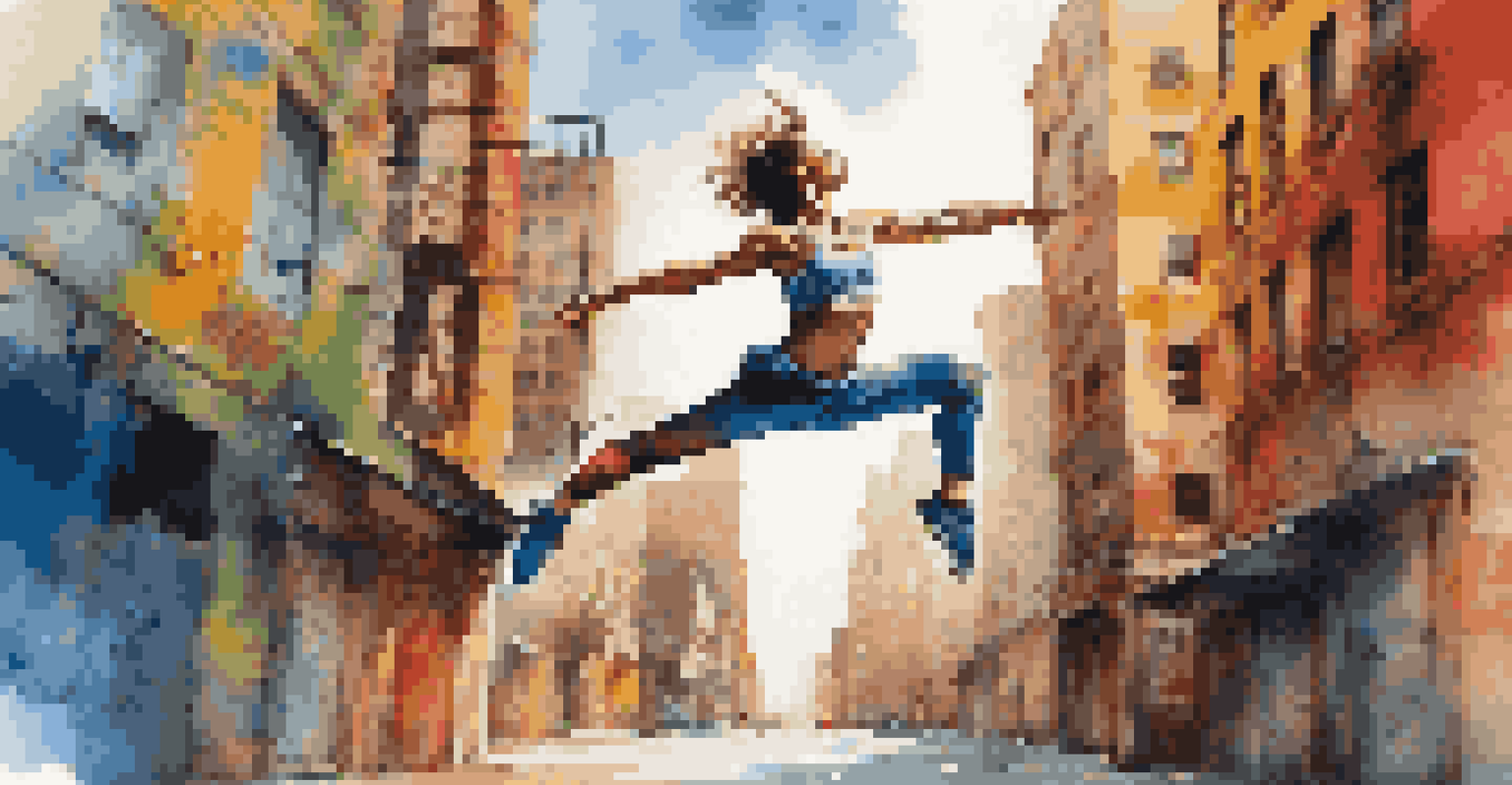 A contemporary dancer leaping in mid-air against a colorful urban backdrop filled with graffiti and sunlight.