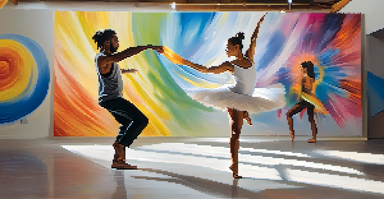 A live painter creating a mural while a dancer performs nearby, both in a bright, open space filled with natural light.