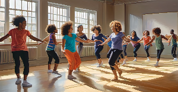 A diverse group of individuals joyfully participating in a dance class in a bright studio, showcasing connection and happiness.