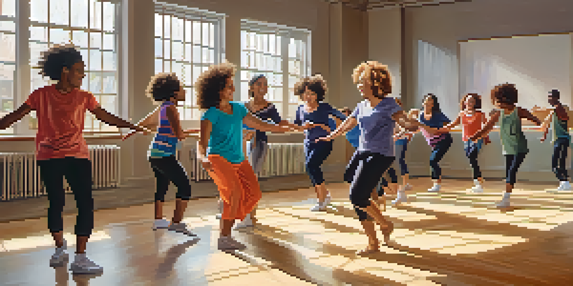 A diverse group of individuals joyfully participating in a dance class in a bright studio, showcasing connection and happiness.