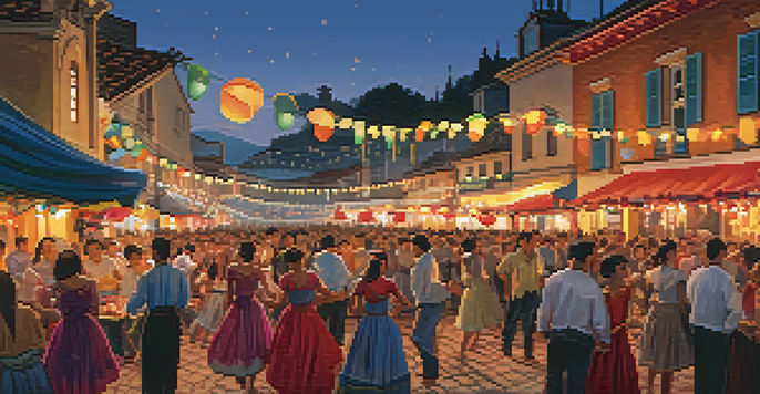 A lively dance festival in a small town with dancers in traditional costumes, colorful banners, and bustling cafes under warm lights.
