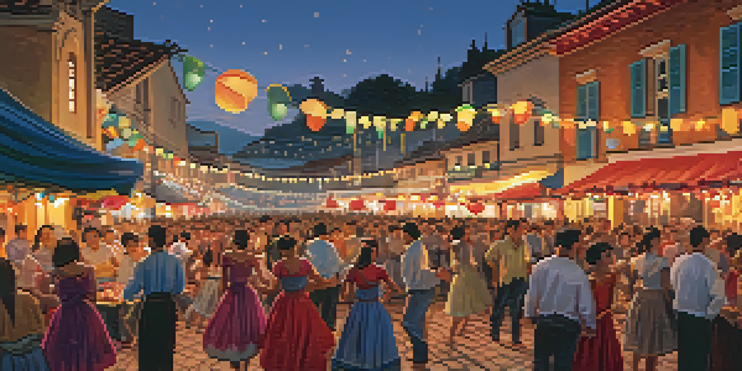 A lively dance festival in a small town with dancers in traditional costumes, colorful banners, and bustling cafes under warm lights.