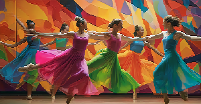 A contemporary dance performance in front of a vibrant abstract mural, featuring dancers in colorful costumes under soft warm lighting.
