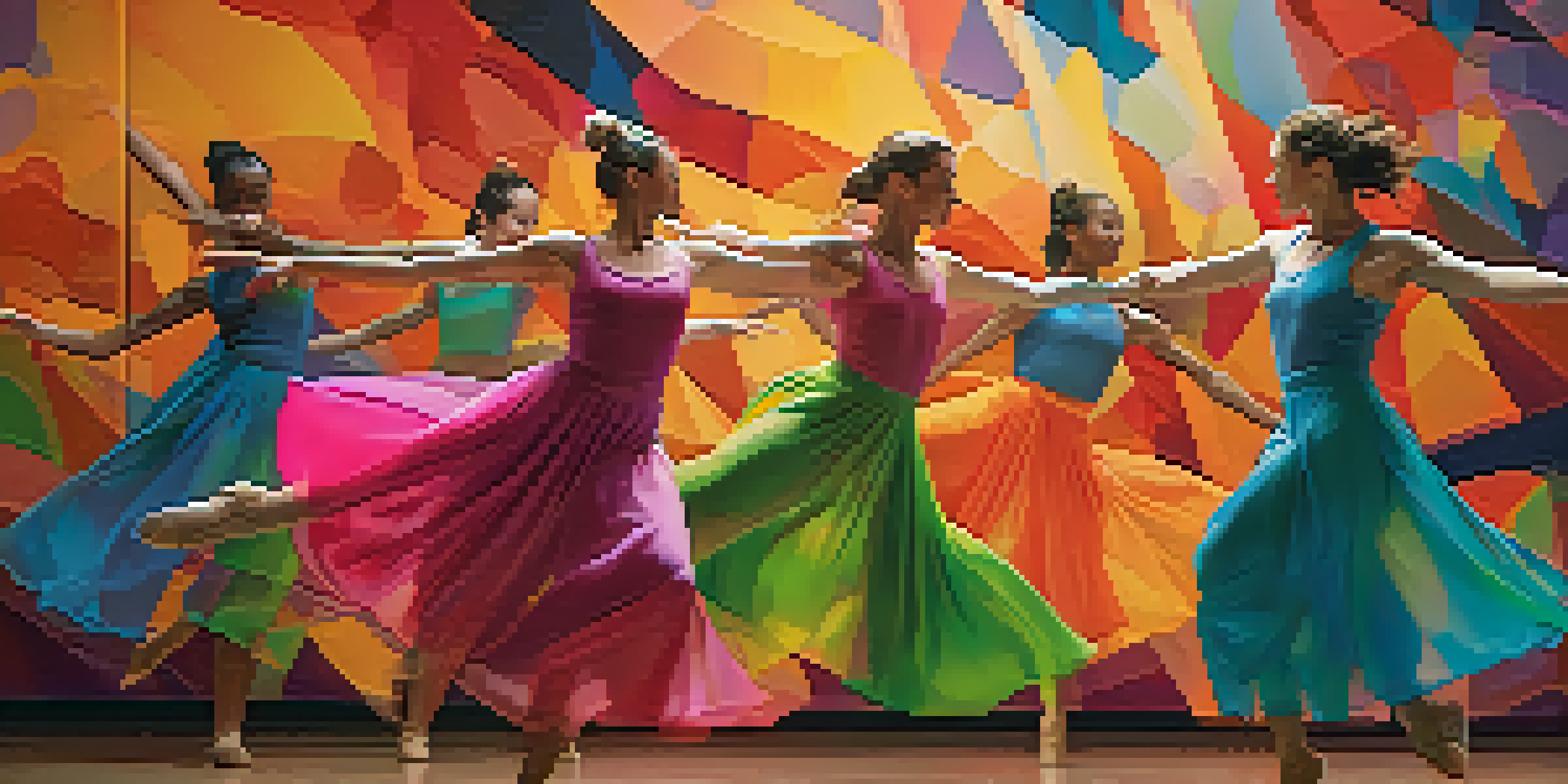 A contemporary dance performance in front of a vibrant abstract mural, featuring dancers in colorful costumes under soft warm lighting.
