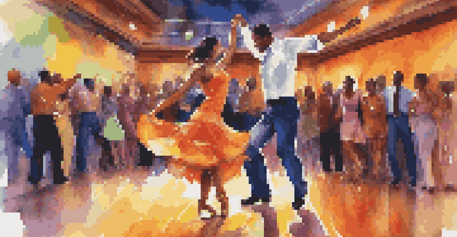 Two salsa dancers in colorful outfits dancing energetically on a lively dance floor with warm lighting.