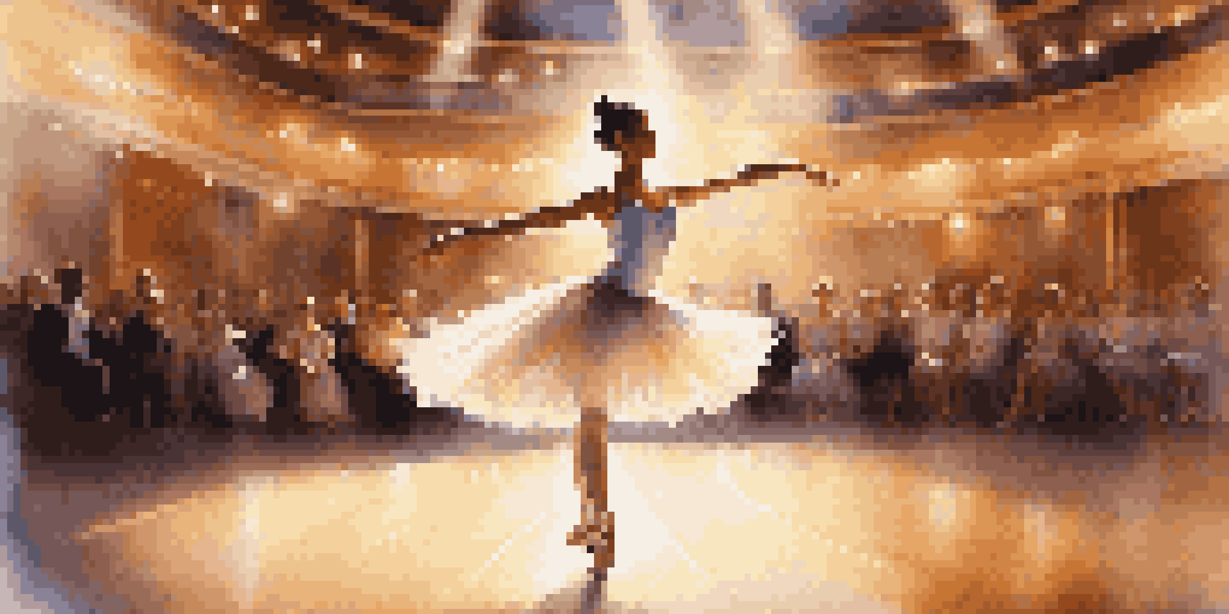A dancer in a pastel tutu performing a pirouette on stage, with warm lighting and a cheering audience in the background.