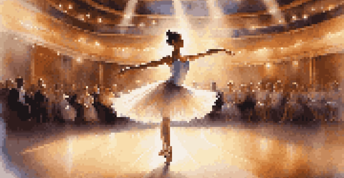 A dancer in a pastel tutu performing a pirouette on stage, with warm lighting and a cheering audience in the background.