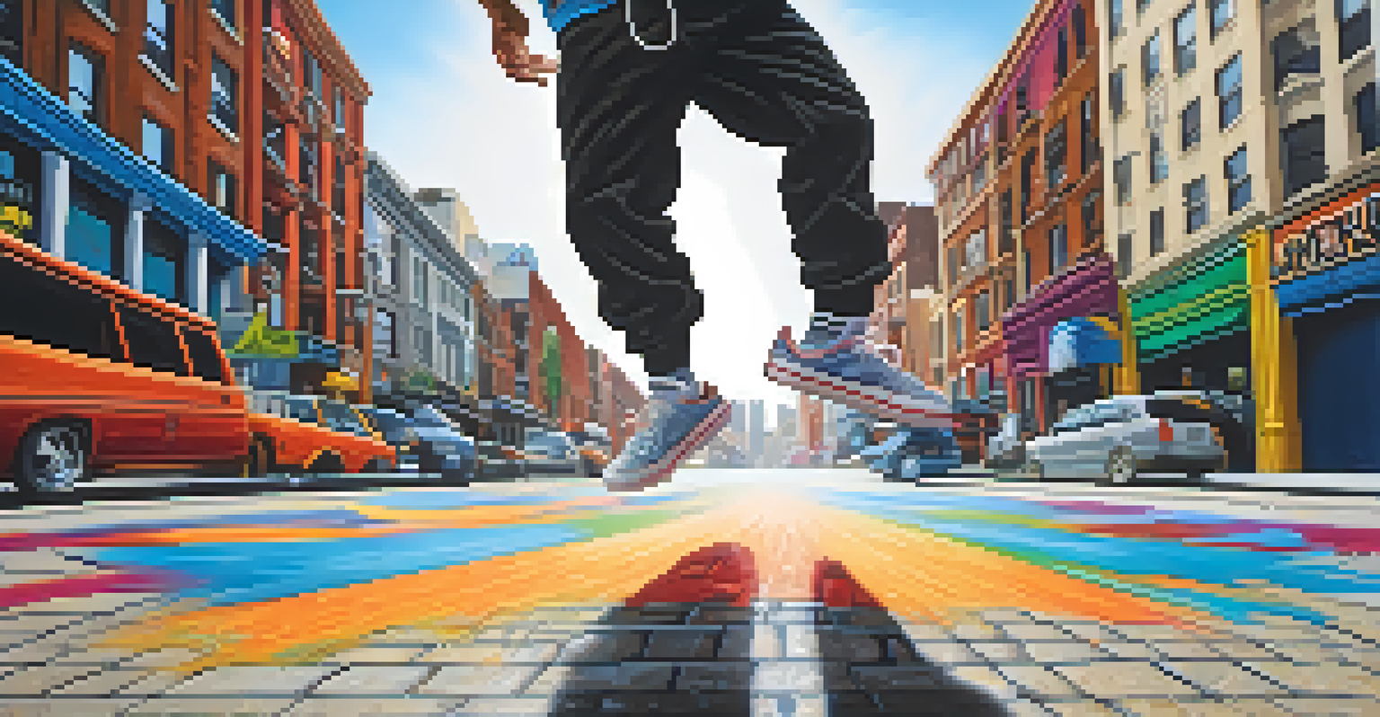 A close-up of a dancer's feet executing a breakdancing move on a gritty city street with vibrant sneakers and colorful graffiti in the background.