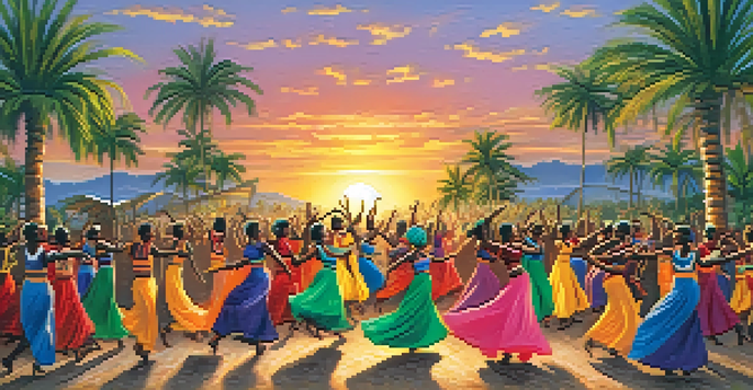 A lively outdoor African dance performance with dancers in colorful costumes, surrounded by palm trees and a sunset.