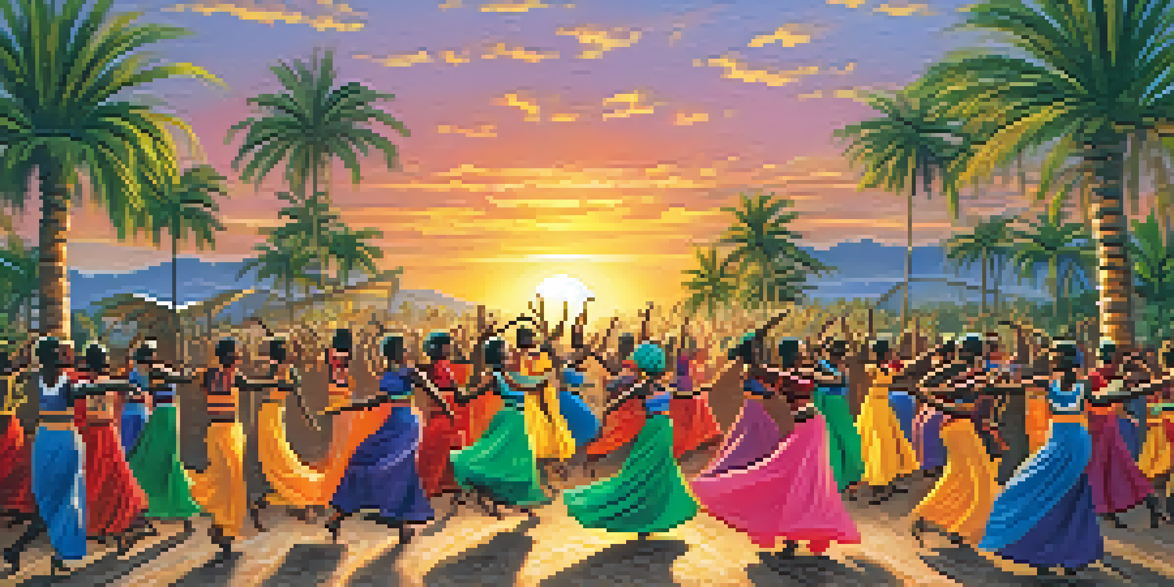 A lively outdoor African dance performance with dancers in colorful costumes, surrounded by palm trees and a sunset.